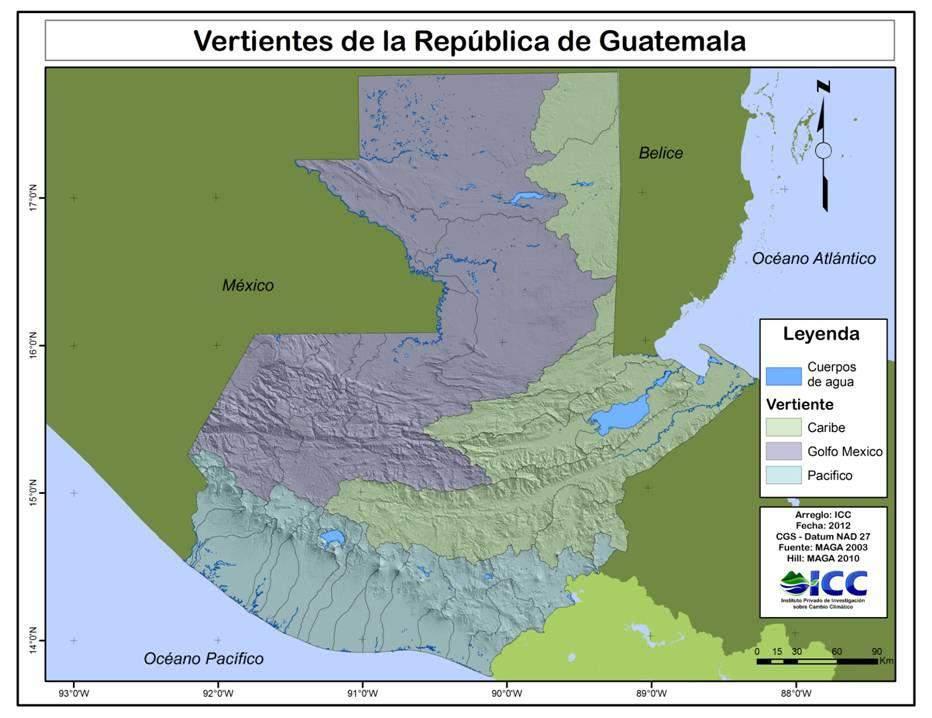 Cuencas de Guatemala Golfo de México Diferendo territorial, insular y marítimo pendiente de resolver 49% (45,668 mi m 3 ) 25% (23,613 mi m 3 ) Mar Caribe Cuencas por vertiente Pacífico: 18 Caribe: 10