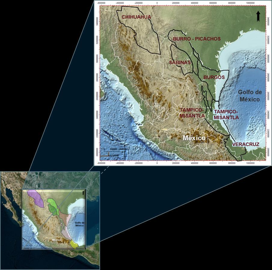 CONTEXTO DE GEOLÓGIA REGIONAL MAPA DE UBICACIÓN Localización y distribución de cuencas relacionadas a los recursos no convencionales (Chihuahua, Sabinas, Burro-Picachos, Burgos, Veracruz y