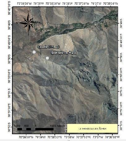 LUGAR DE TRABAJO (a) (b) Figura: Mapa (a) ubicación de las ñipas y Mapa (b) área de trabajo, quebrada las ñipas, precordillera andina, comuna de Monte Patria, provincia del Limarí, Región de