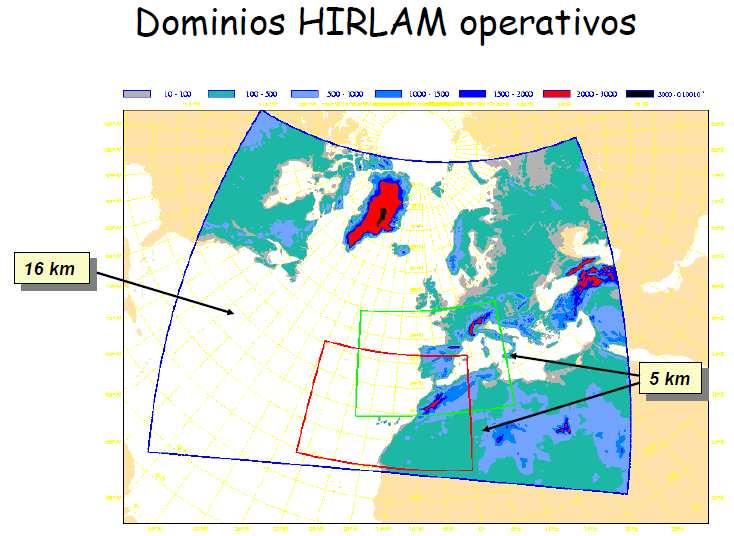 HIRLAM - AEMET Modelo del consorcio HIRLAM Determinista de 40 niveles en la vertical Dos versiones de punto de rejilla: 16 km (un área) y de 5 km (dos áreas) Versión HIRLAM 7.2 HIRLAM0.16º y HIRLAM0.