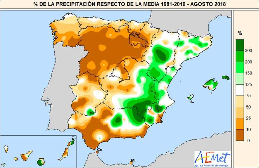 León, País Vasco y La Rioja, sin embargo, ha resultado muy húmedo al este de Baleares, en Canarias, sur de Teruel, Jaén y en un área que abarca parte de Albacete, Murcia y Alicante.