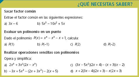 Unidad Polinomios PÁGINA 8 SOLUCIONES Sacar factor común. a) b) 3x 6 3 ( x ) 3 5x 10x 5x 5 x( x x1) Evaluar un polinomio en un punto.