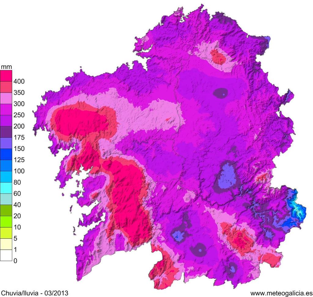 5 PRECIPITACIÓN Este mes de marzo foi en xeral extremadamente húmido en toda Galicia por mor da continua chegada de borrascas e sistemas frontais dende o Atlántico.