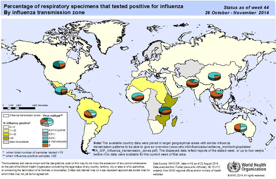 Influenza global update / Actualización de influenza a nivel global Globally, as of EW 44 influenza activity remained low, with the exception of some Pacific Islands / A nivel global, a la SE 44 la