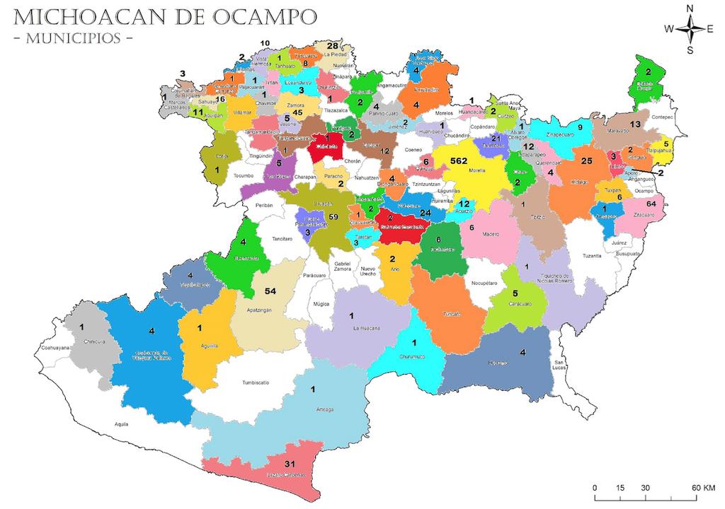 Imagen. Mapa de la cobertura del Estado de Michoacán de Ocampo, con la matrícula inscrita en el periodo mayo-agosto 2018.
