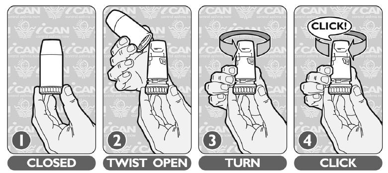 Instrucciones de uso de los dispositivos contra el asma Inhalador de polvo seco Turbuhaler (para mayores de 6 años) 1. Cerrado 2. Girar para abrir 3. Girar 4. Clic 5. Exhalar 6.