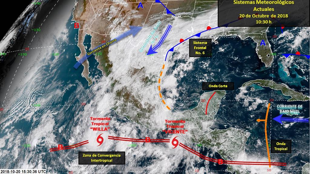 Protección civil y de las autoridades estatales y municipales Figura 1. Sistemas meteorológicos que afectan a México. Pronóstico a 24 horas de Sistemas Meteorológicos.