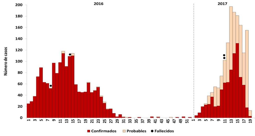 Brotes de dengue en distritos del departamento de Lambayeque, (SE 19*) Situación actual: Casos notificados: 1571, de los cuales, 815 (51,9%) son confirmados y 756 (48,1) probables.