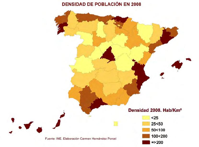 Año 2010 2. El mapa siguiente representa la densidad de población en España por provincias.