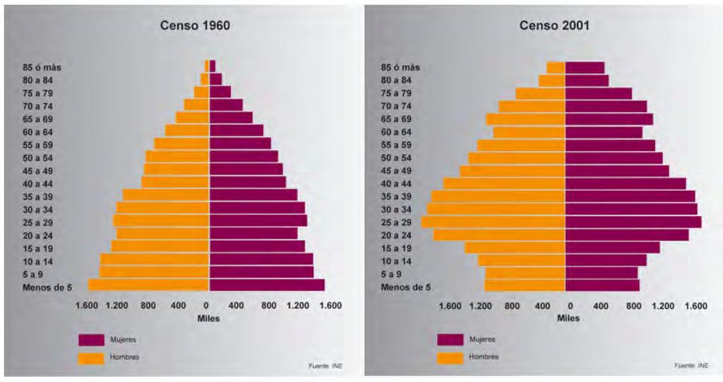Año 2010 2. Las pirámides muestran la estructura por edad y sexo de la población española en 1960 y en 2001.