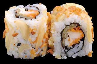 Take roll Atún, aguacate, queso crema y ensalada de kanikama cubierto de cebollino.
