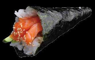 4,90 Temaki ebi menta Cono de alga nori con arroz, langostino, aguacate, mayonesa japonesa y menta.