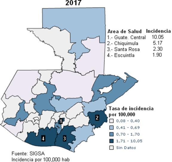 Figura 5 Zika, tasa de incidencia* acumulada por área de salud hasta la semana epidemiológica 11 Guatemala, 2017-2018 La distribución geográfica de Zika para el 2017 (cuadro 3 y figura 5) muestra que