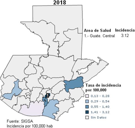 90 hasta la semana 11 y para el año 2018 a la misma semana epidemiológica, el área de salud de Guatemala Central es la de mayor riesgo con tasa de 3.12 por cien mil habitantes.