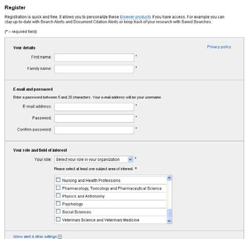 SCIENCEDIRECT Registro Si desea registrarse pulse Register se desplegará un formulario en donde se le solicitarán sus datos personales y podrá