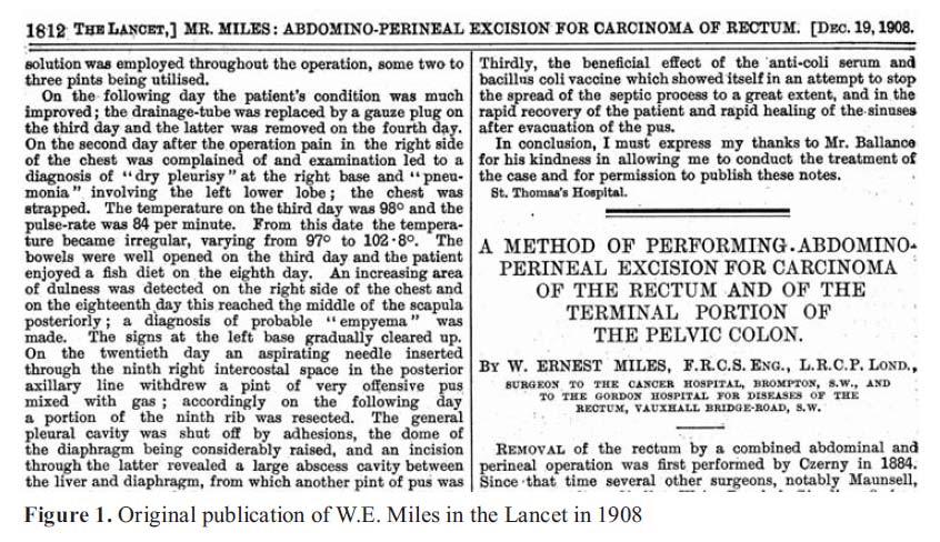 Ilustración 1. Artículo original publicado por Miles en The Lancet en 1908.