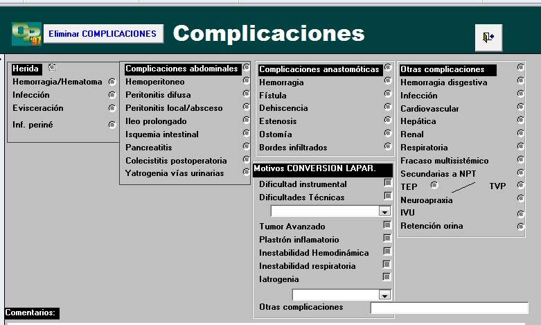 Página de recogida de las posibles complicaciones relacionadas con la cirugía de la base de datos de la Unidad de Coloproctología