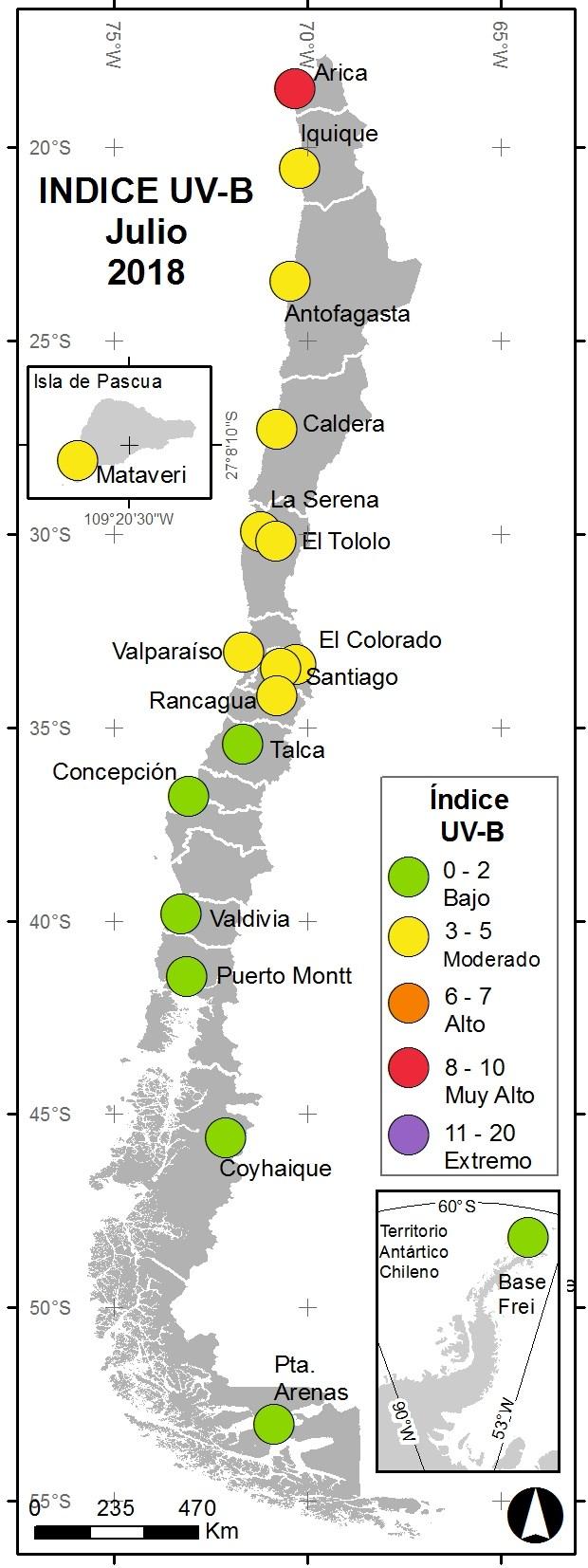 Además desde Talca al sur, incluida la estación de Eduardo Frei en la Península Antártica, los valores de Índice UV no superaron un promedio 2 de IUV (rango Bajo).