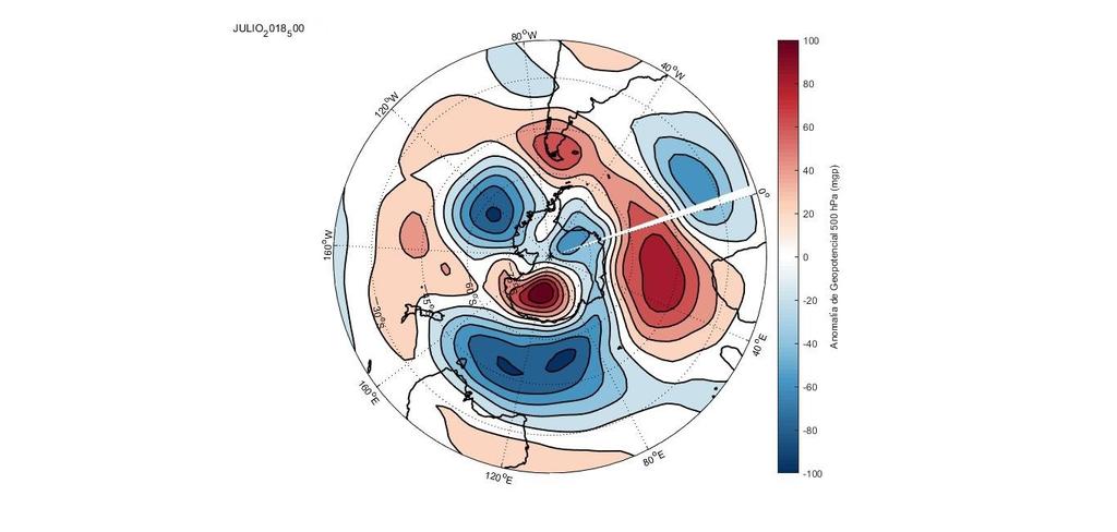 Esquema Sinóptico a b Figura 1. Anomalía mensual de geopotencial en niveles medios (500hPa), para el mes de julio 2018 (a) y julio 2017 (b).