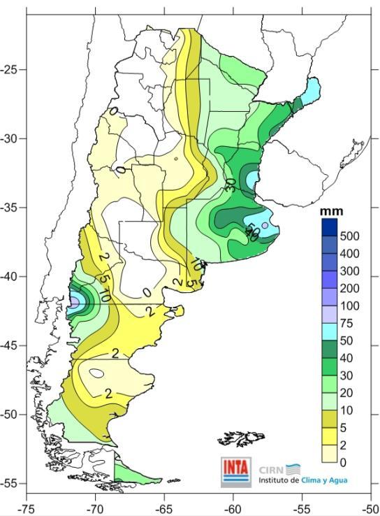 Los mayores acumulados ocurrieron en las provincias de Misiones, Corrientes (este) y Río Negro (oeste), con valores que no superaron los 30 mm.
