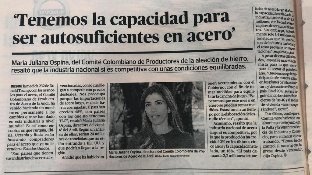 Tenemos la capacidad para ser autosuficientes en acero La Directora del Comité Colombiano de Productores de Acero fue entrevistada por la revista Portafolio y en esta oportunidad resaltó que la