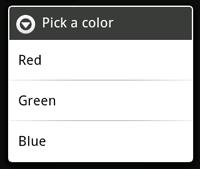 Alert Dialog Seleccionar de una lista: final CharSequence[] items = {"Red", "Green", "Blue"; AlertDialog.Builder builder = new AlertDialog.Builder(this); builder.settitle("pick a color"); builder.