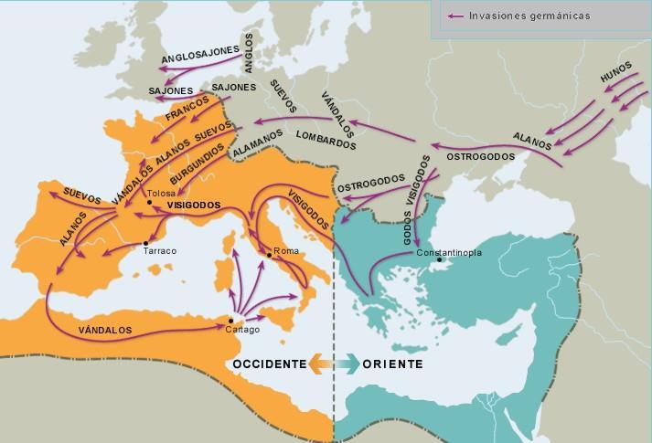 El inicio de la Edad Media 1. Completa las siguientes frases: 1. El Imperio Romano fue dividido por en partes. 2. El imperio romano de Occidente a manos de los pueblos. 3.