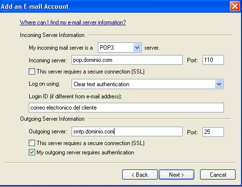 4. En este paso se debe ingresar los servidores de entrada y salida. Informacion del servidor de correo entrante (Incoming server information) Servidor de correo entrante (Incoming Server): pop.