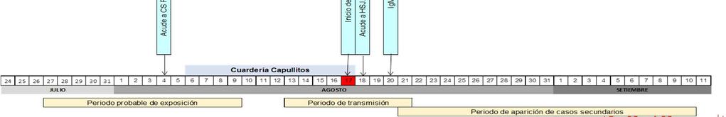 18-agost: llevado a emergencia del Hospital San José: toma de muestra. 20-agost: INS emite resultado IgM (+) para sarampión, con PCR aun pendiente.