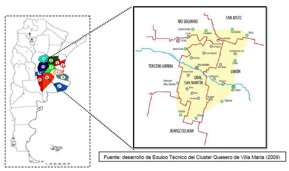 Localización Cluster Quesero Villa María Centro de la Provincia de Córdoba. Comprende un área aproximada de 13500 km2.