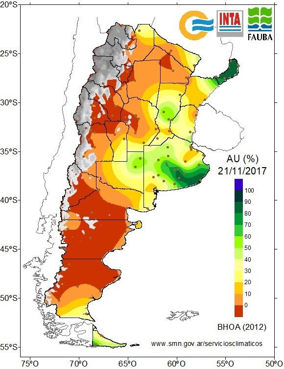 Balance de agua en el suelo al 21 de Noviembre de 2017 Fig. 7: Agua útil (%) en el perfil del suelo al 21/11/17. Fig. 8: Agua Total (%) en el perfil del suelo al 21/11/17.