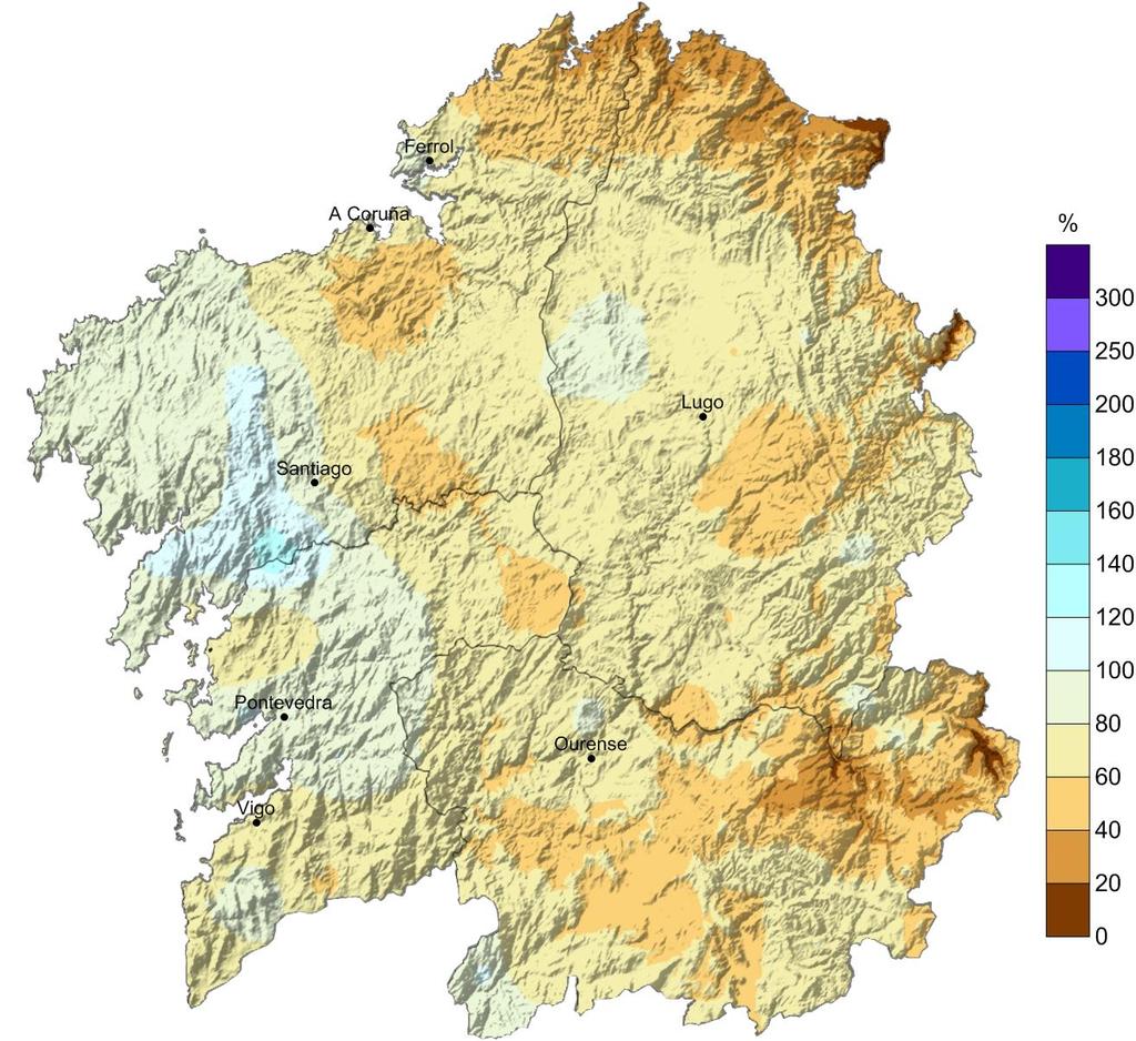 Lucense, e nas zonas montañosas da provincia de Ourense, chegando a rexistrarse valores próximos aos 10 L/m 2. 5.2. Porcentaxe de valor acumulado de precipitación con respecto ao valor normal.