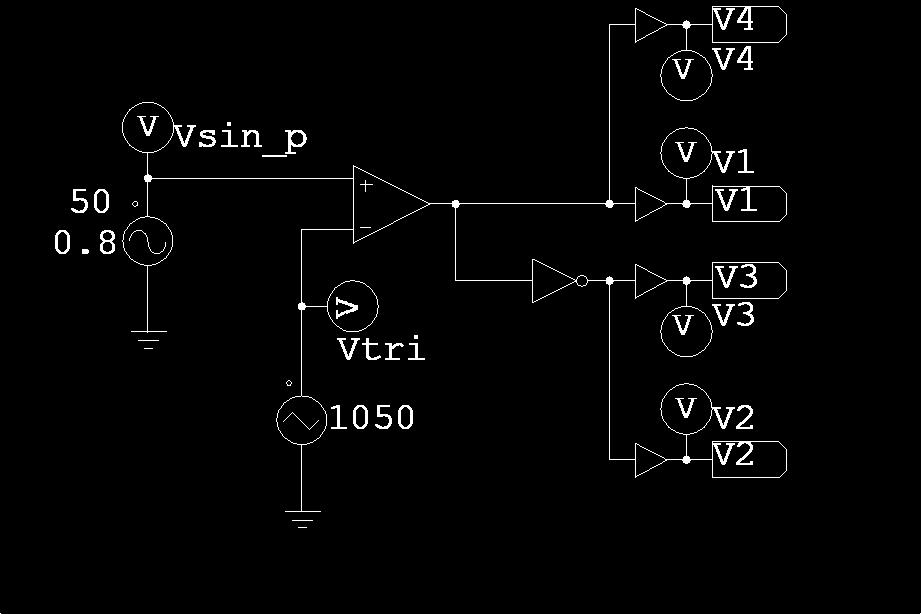 Topología puente completo PWM bipolar V V VA VB V3 V4 Ejemplo: Vcc= V m f = m a =,8 f sin =5Hz f tri =5Hz 5 Hz Señal moduladora: