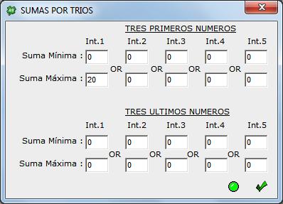 En el ejemplo de la imagen le estamos indicando al programa que nos seleccione apuestas cuyos números sumen entre 0 y 20 en el Trío 1.