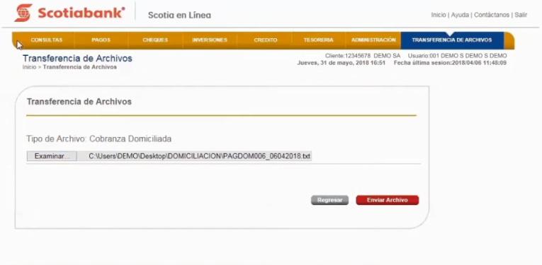 D. Envío de Archivo por medio de Scotia en Línea 5. Adjunta el Archivo de Dispersión de Fondos generado y guardado previamente en tu computadora.