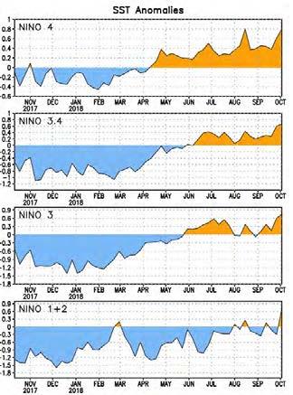 5. Las Predicción señales estacional: del Océano Septiembre y la Atmósfera - Octubre y Noviembre 2017 El Pacífico continúa neutral Anomalías semanales de TSM Evolución de la TSM en la zona del