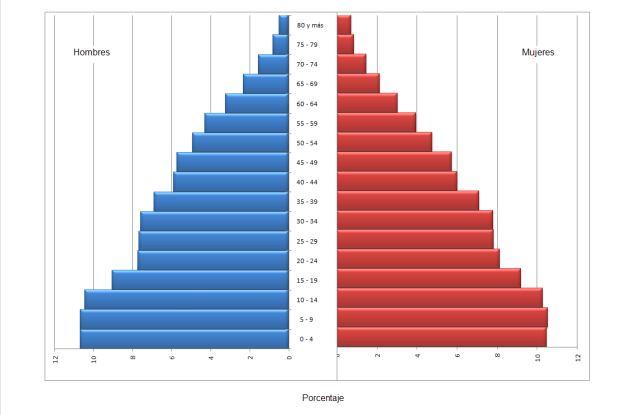 I.3. Pirámide de población La pirámide de población es un gráfico que representa la estructura poblacional por sexo y edad, pudiendo identificarse en ella, por ejemplo: el peso relativo de los