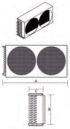 Modelo A - Completo, con embocadura para ventilador. Opcional pintado. Simples Modelo Nº TUBOS Rendimiento Dt-15ºC Caudal Ventilador Dimensiones (W) (Kcal./h) (m 3 /h) Nº Pala A B C 490.01.