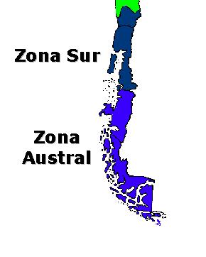 Norte Chico, regiones de Atacama y Coquimbo; Zona Central, Regiones de Valparaíso, Metropolitana de Santiago, del Libertador Bernardo