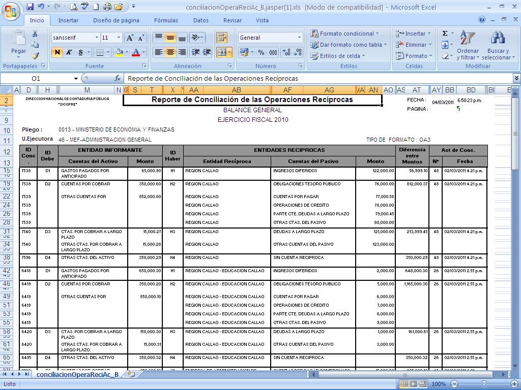 Imprimir Excel: Modelo de Reporte en Hoja de Calculo Generación de las Unidad Ejecutora Actas de Conciliación a nivel de El usuario podrá observar la relación de Entidades reciprocas según lo que ha
