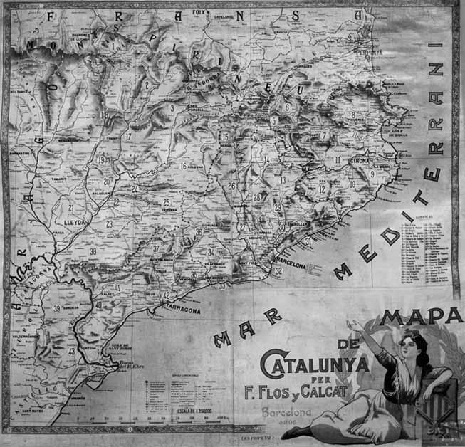 1906 Un dels primers mapes de Catalunya en català, publicat per Francesc Flos i Calcat a Barcelona per ser utilitzat a les escoles.