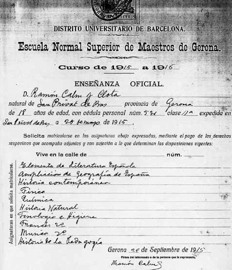 80 1915 Full d inscripció de Ramon Calm a la Normal de Girona, el curs 1915-1916.
