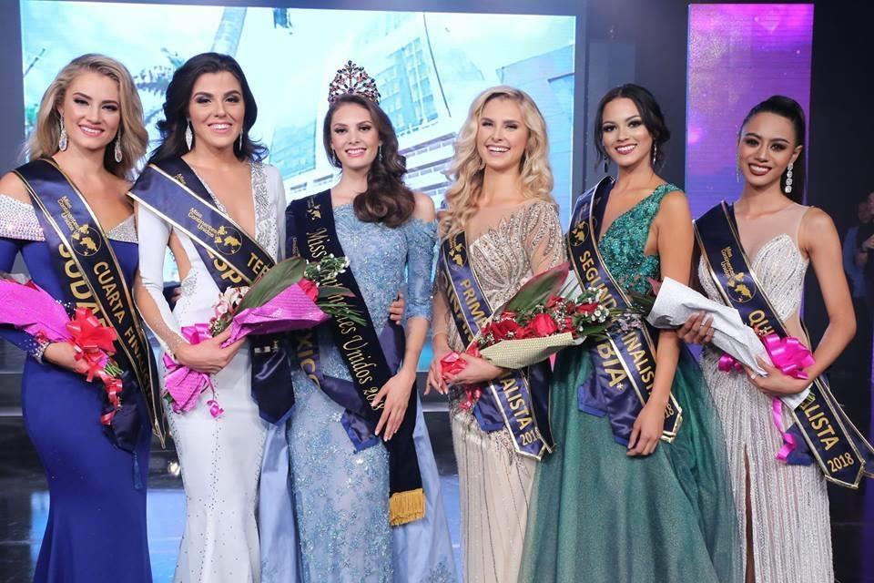 Las seis finalistas del certamen Miss Continentes Unidos 2018 de izquierda a derecha la 4ª Finalista Belinde Bella Schreuder de Sudáfrica; la 3ª Finalista se ubicó Cynthia Ruz López Escobar de