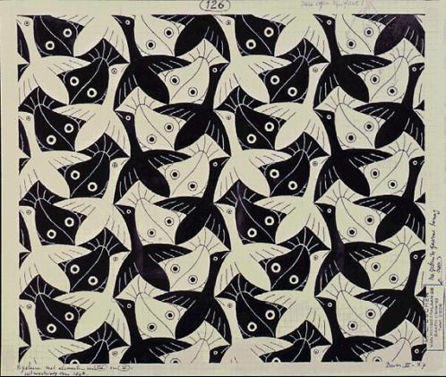 Escher, M. C. Peces / Aves (No. 126). Tinta de 1967, acuarela.